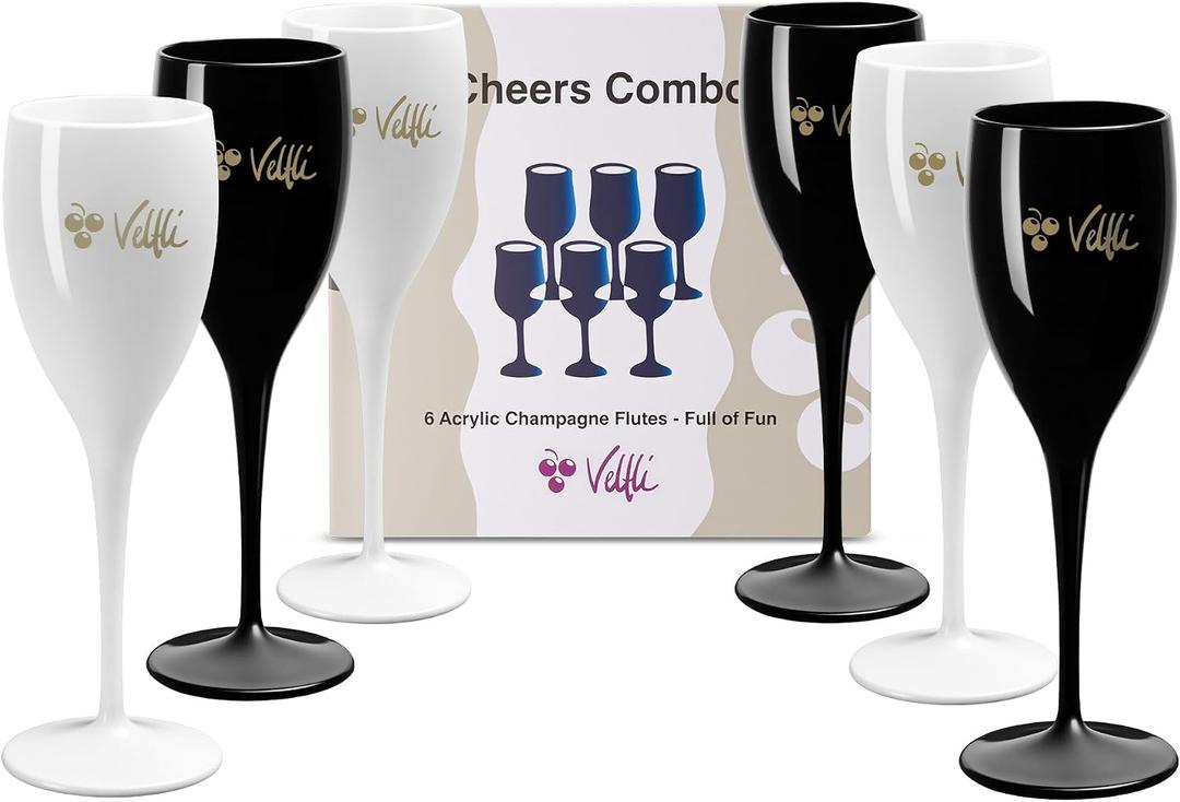 Acrylic Champagne Flutes Colorful & Reusable Plastic Champagne Glasses for Mimosa Bar, Brunch, Weddings, Parties 6-Pack Mixed Colors Stemmed Acrylic Wine Glasses (Black and White)