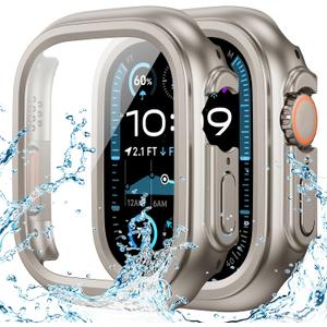 Goton Waterproof Case Compatible for Apple Watch Ultra 3/2/1 Screen Protector 49mm, Hard Bumper with Tempered Glass for iWatch Cover 49 mm (Titanium)