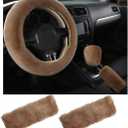 6 PCS Fluffy Steering Wheel Covers Set, Faux Wool Steering Wheel Cover & Handbrake Cover & Gear Shift Cover & 2 Seat Belt Shoulder Pads, Universal Car Accessories (Light Brown)