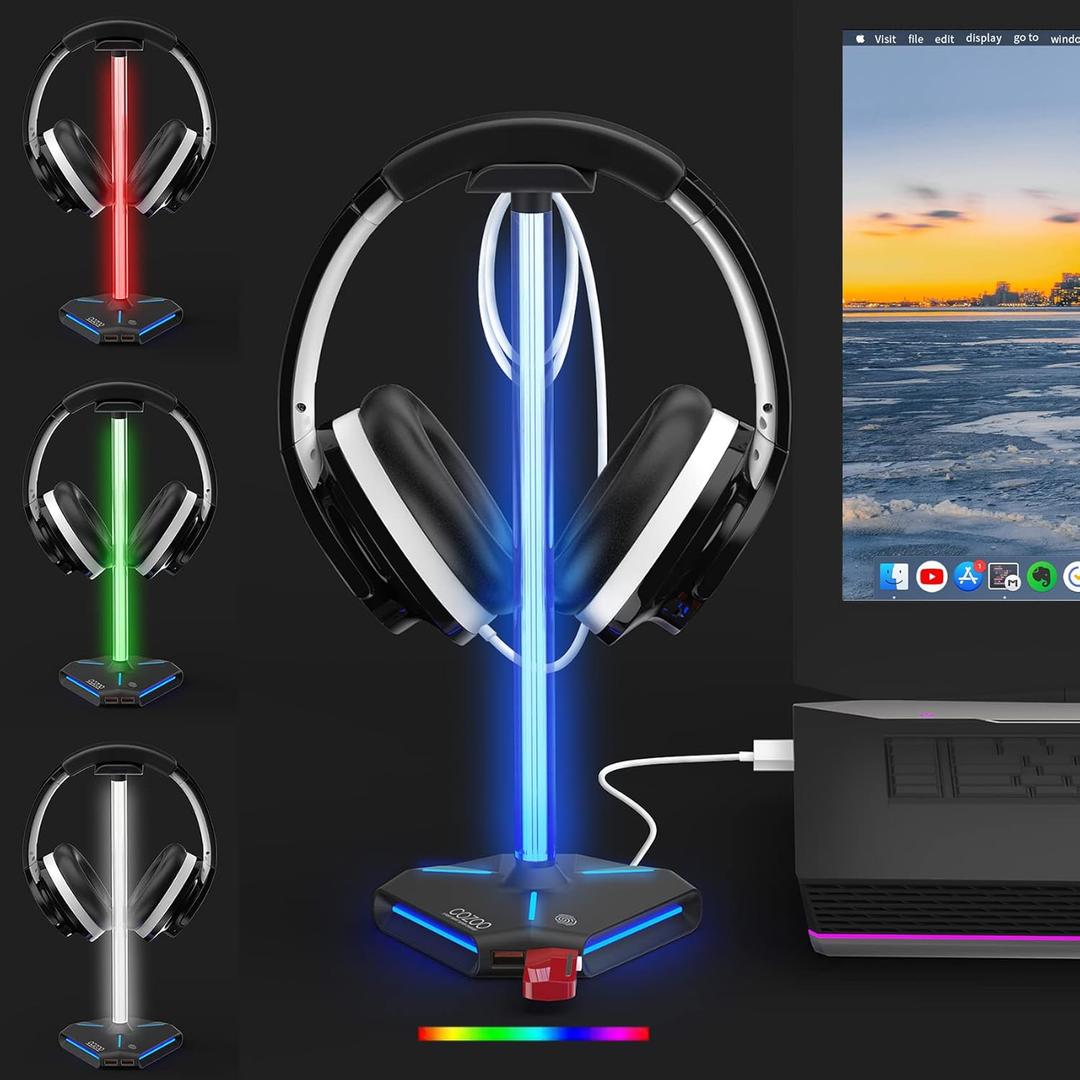 COZOO RGB Headphone Stand with 2 USB2.0 Extension Charging Port Extender Cord, Headset Stand Holder for Gamer Desktop Table Game Earphone Accessories, PC Gaming Accessories for Gamer, Gifts for Boyfriend (Multi-LED lights)