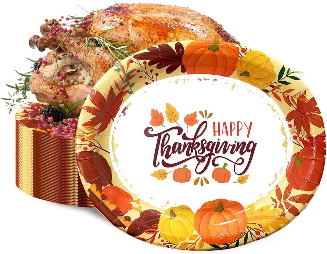 YQUQWN 50 PCS Oval Thanksgiving Paper Plates 12 x 10 Inch Heavy Duty Disposable Plates for Pumpkin Fall Harvest Holiday Thanksgiving Party Supplies Table Decor