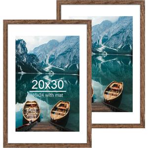 20x30 Frame Set of 2, Rustic Brown Wood Style - Display 16x24 Picture with Mat or 20 x 30 Poster without Mat, Wall Mounting Horizontal and Vertical