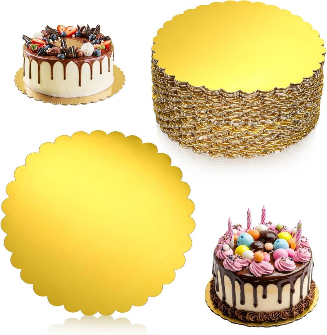 50 Pack Gold Cake Boards 12 Inch Round Disposable Cake Circle Base Board Valentine's Day Cakes Cardboard Rounds Scallop Edge Grease Proof Coated Plate for Wedding Christmas Birthday Dessert