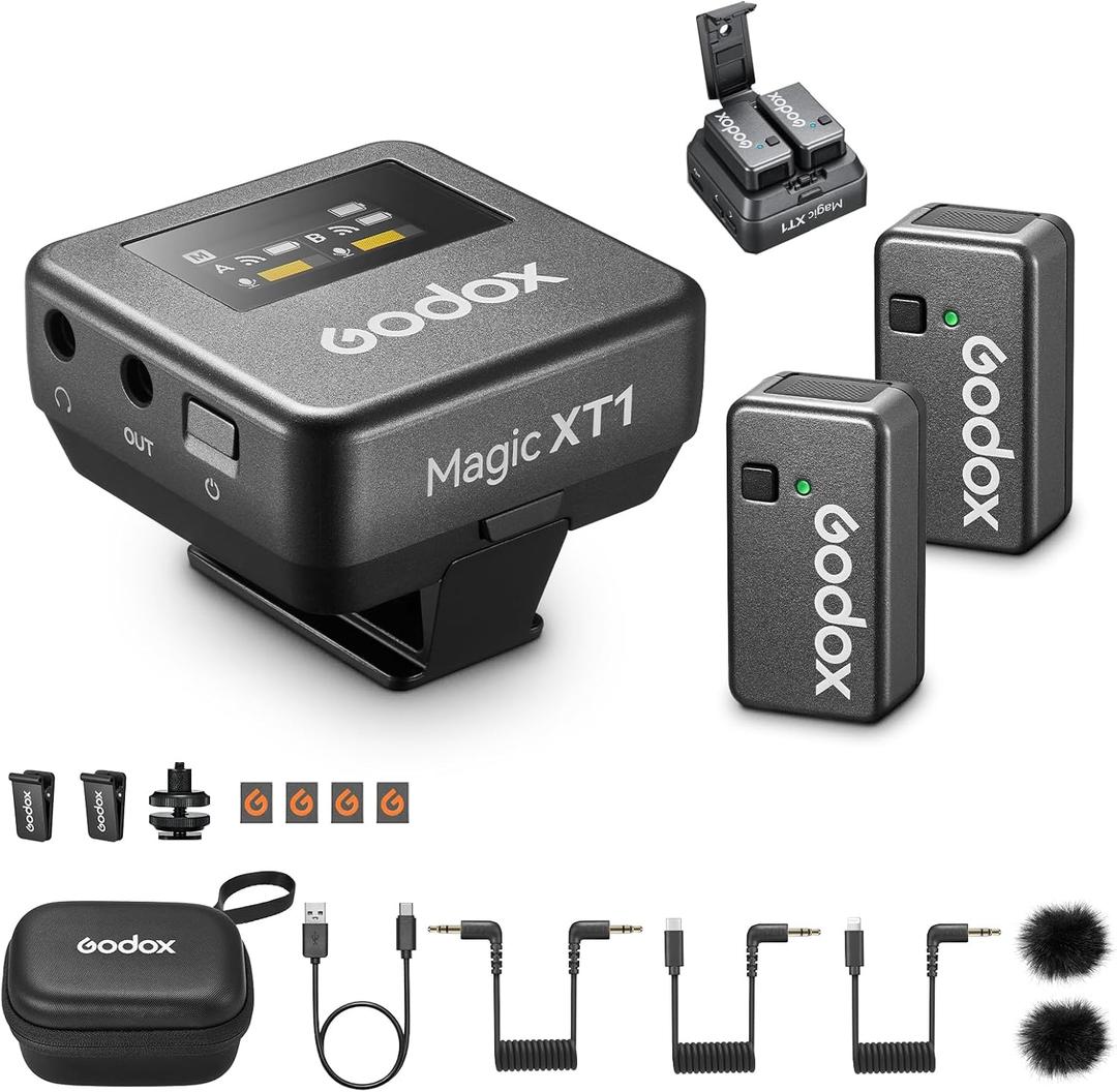 GODOX Magic XT1 Wireless Microphone for Camera/Android/iPhone, 48kHz/24-bit Noise Cancellation HD Wireless Lavalier Mic with Charging Case,16 Hour Working time, 656ft Range, Touchscreen Microphone