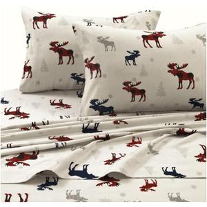 Tribeca Living Flannel Sheets in King Size, Deep Pocket 100% Cotton, 170 GSM Extra Deep Pocket 24-Inch 4 Piece Sheet Set inPlaid Moose Print