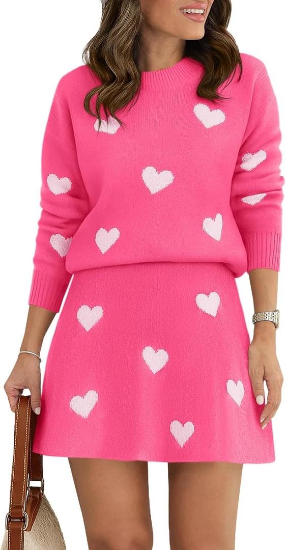 Tankaneo Womens Skirt 2 Piece Sweater Set Long Sleeve Crewneck Sweaters Pleated Mini Skirt Knit Lounge Sets (Small, 01 Pink)