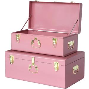Vixdonos Decorative Large Metal Box Storage Trunk Chest Set of 2 College Dorm Organizer with Hardware Hasps and Handle for Home Deocr,23.7X14.2X9.5 Inches,Deep Pink