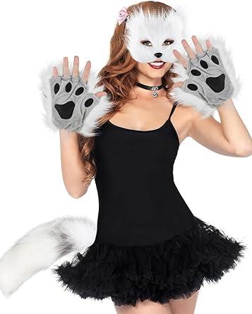 YXCFEWD Cat Mask Therian Tail with Paws Furry Halloween Therian Gear Stuff Wolf Fox Costume for Cosplay Over 1 years Old (White)