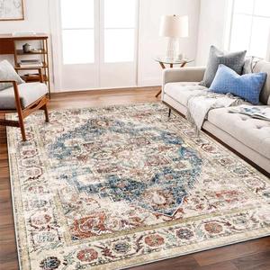 CHAMPLANT Washable Vintage Area Rug 6'x9' Boho Beige Blue Chic Medallion Distressed Design Non-Shedding Easy Care Ideal for High Traffic Areas in Living Room Bedroom Kitchen Office Large Carpet