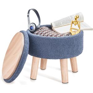 Poofzy Small Ottoman with Storage, Small Foot Stool Ottoman with Wood Legs, Sherpa Foot Rest for Couch, Living Room and Bedroom, Blue