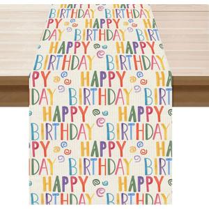 XCHI Happy Birthday Colorful Table Runner Burlap Table Decoration for Home Kitchen Dining Dinner Indoor Holiday Party Farmhouse Decor 13x90 Inch
