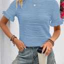 Samefar Womens Crewneck Texture Ruffle Shorts Sleeve Shirts Casual Loose Flowy Tee Tops Blouses Fashion Outfits Trendy (Blue, M)