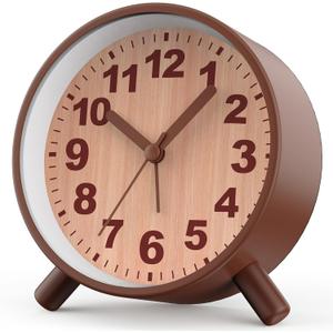 Retro Analog Alarm Clock with Night Light, Battery Operated, Easy to Set - Ascending Alarm, Snooze, Simple Round Metal Design for Bedroom, Desk, Bedside, Travel, Kids, Adults, Heavy Sleepers (Brown)