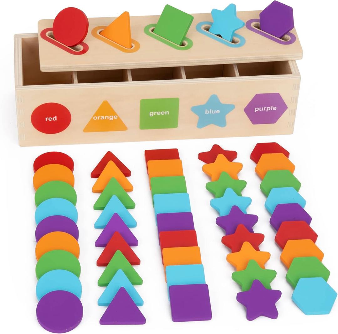 KMTJT Montessori Toys for 1 2 3 Year Old | Wooden Color & Shape Sorting Matching Toys | Learning Educational Toys for 1-3 Year Old Kids | One 1st 2st Birthday Gift for Boy Girl
