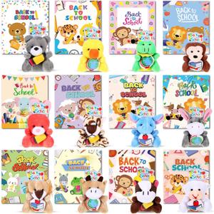 30 Pcs 15 Sets Back to School Mini Stuffed Animals Bulk with Cards First Day of School Mini Animal Plush Toy Soft Plush Doll for Party Favor Classroom Exchange Prizes
