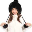 Winter Hats Cute Kint Hat Russian Fur Crochet Hat Slouchy Beanies with Pompom Warm Fuzzy Snow Cap Trapper Hat for Women (Black)