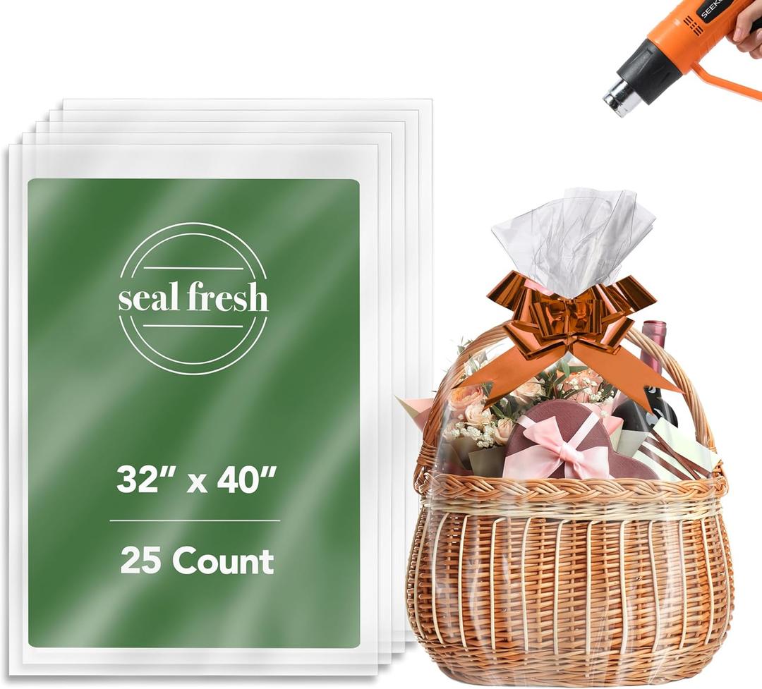 Shrink Wrap Gift Bags 32 x 40 Inch (25 Pack)  Clear PVC Wrap Bags for DIY Gifts, Holiday Packaging, Party Favors (Ribbon & Base Not Included)