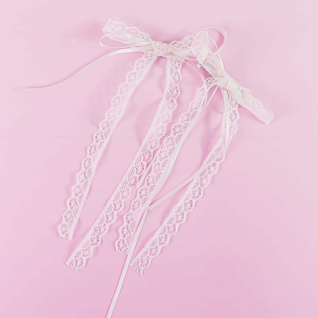 Lace Hair Bow with Long Tail Coquette Bows - Elegant White Ribbon Hair Accessory Hair Ribbons for Women (A Pair)