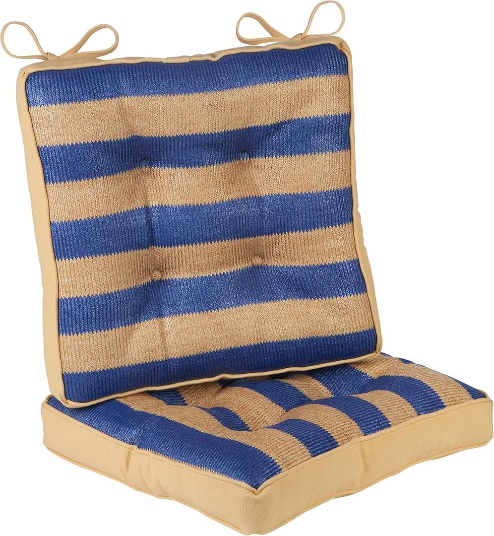 Klear Vu Raffia Patio Chair Water Resistant Seat and Seatback Cushions 2 Piece Set, 16" x 16", 2 Pack, Blue Stripe 2 Count