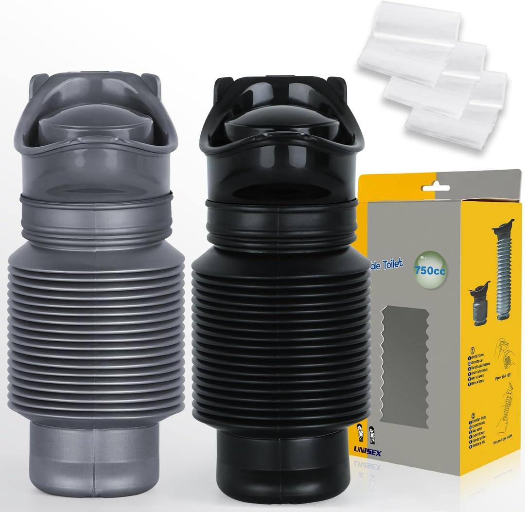 Pee Bottles For Men, Collapsible Urine Bottle With Disposable Replacement Bags, Car Pee Bottle For Men And Women, 750ml, Leakproof, 2-Piece Set Emergency Urinal For Road Trips, Traffic Jams And Camping (Gray and Black)