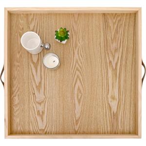 SwallowLiving 24 x 24 Inches Extra Large Square Wood Ottoman Tray with Leather Handles, Wooden Natural