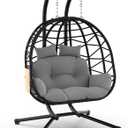 ZENPETIO Double Hanging Egg Chair with Stand, Rattan Wicker Swing with UV Resistant Cushion and Pillow, for Indoor Outdoor Bedroom Patio Hanging Basket Lovers Seat, Black