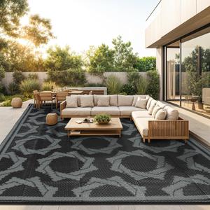 LBRO2M Waterproof Outdoor Rugs 8X10 for Patio Outdoor Plastic Straw Rug Reversible Outdoor Camping Rug for RV, Deck, Beach (8X10 Black Gray)