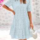 BTFBM Womens Boho Summer Dresses 2026 Spring V Neck Short Sleeve Hollow Out Lace Ruffle Casual Beach Mini Vacation Dress (M)