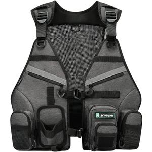LACUEQUES Professional Adjustable Fly Fishing Vest for Men and Women – 10+ Pockets, Back Mesh Panel, Rod Holders, Reflective Strips, Hook & Float Storage, Grey - Pack of 2