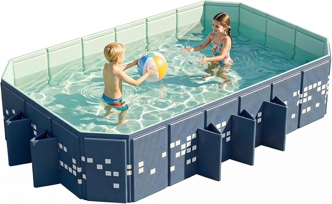 Foldable Pool Non-Inflatable, 102"×65"×20" Large Collapsible Swimming Pool for Kids Adults, Hard PVC Board, 10 Triangle Supports, Family Backyard Outdoor Pool, Blue