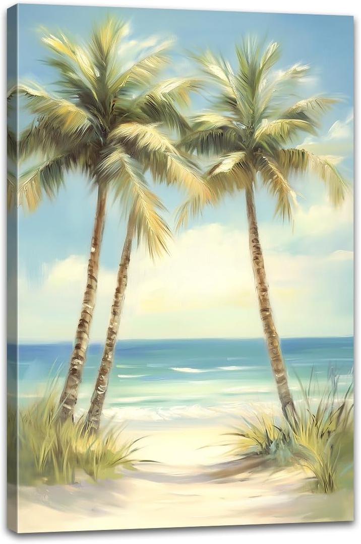 2 x Tropical Beach Canvas Wall Art Palm Tree Pictures Wall Decor Ocean Landscape Painting Prints for Living Room Bedroom Bathroom Decor Framed(Tree-3,16L x 24W)