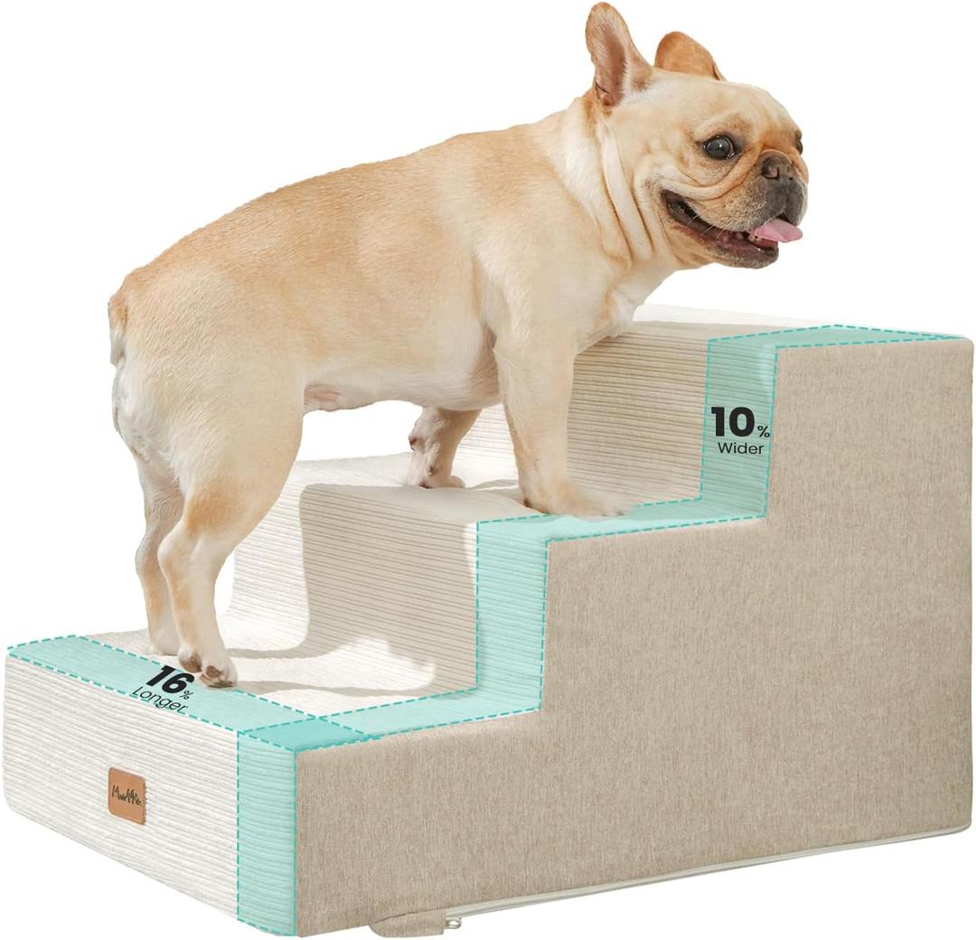 Made4Pets Dog Stairs for Small Dogs, Extra Wide Dog Steps for Bed Couch Sofa and Chair, 35D Foam Pet Steps for Small Dogs and Cats(Up to 40lbs), Non-Slip Bottom Pet Stairs, Beige, 3 Steps