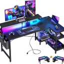 ODK 48 Inch Gaming Desk with USB Charging Ports and LED Lights, Reversible L Shaped Computer Desk with Storage Shelves & Monitor Stand, Corner Gamer Desk Table with Power Outlets, Black
