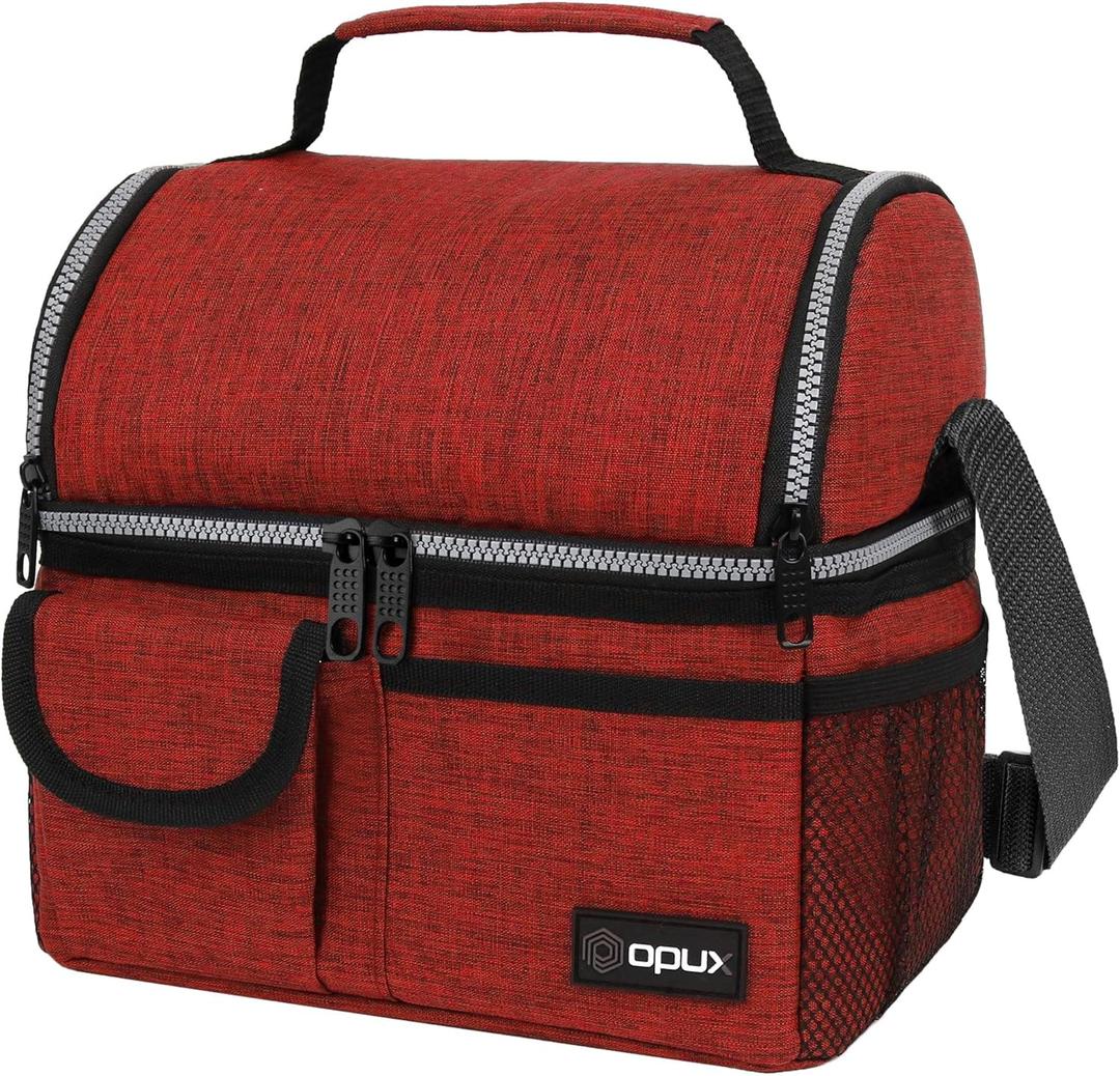opux Insulated Lunch Bag Women Men, Dual Compartment Leakproof Lunch Box Adults Kids, Double Decker Meal Prep Bento Lunch Cooler Tote with Shoulder Strap for Work Office School Travel, Red