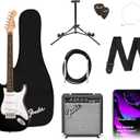 Fender Squier Debut Series Stratocaster Electric Guitar Kit, Beginner Guitar Kit, with Padded Gig Bag, Frontman 10G Amp, Strap, and More, Includes Free Lessons, Black