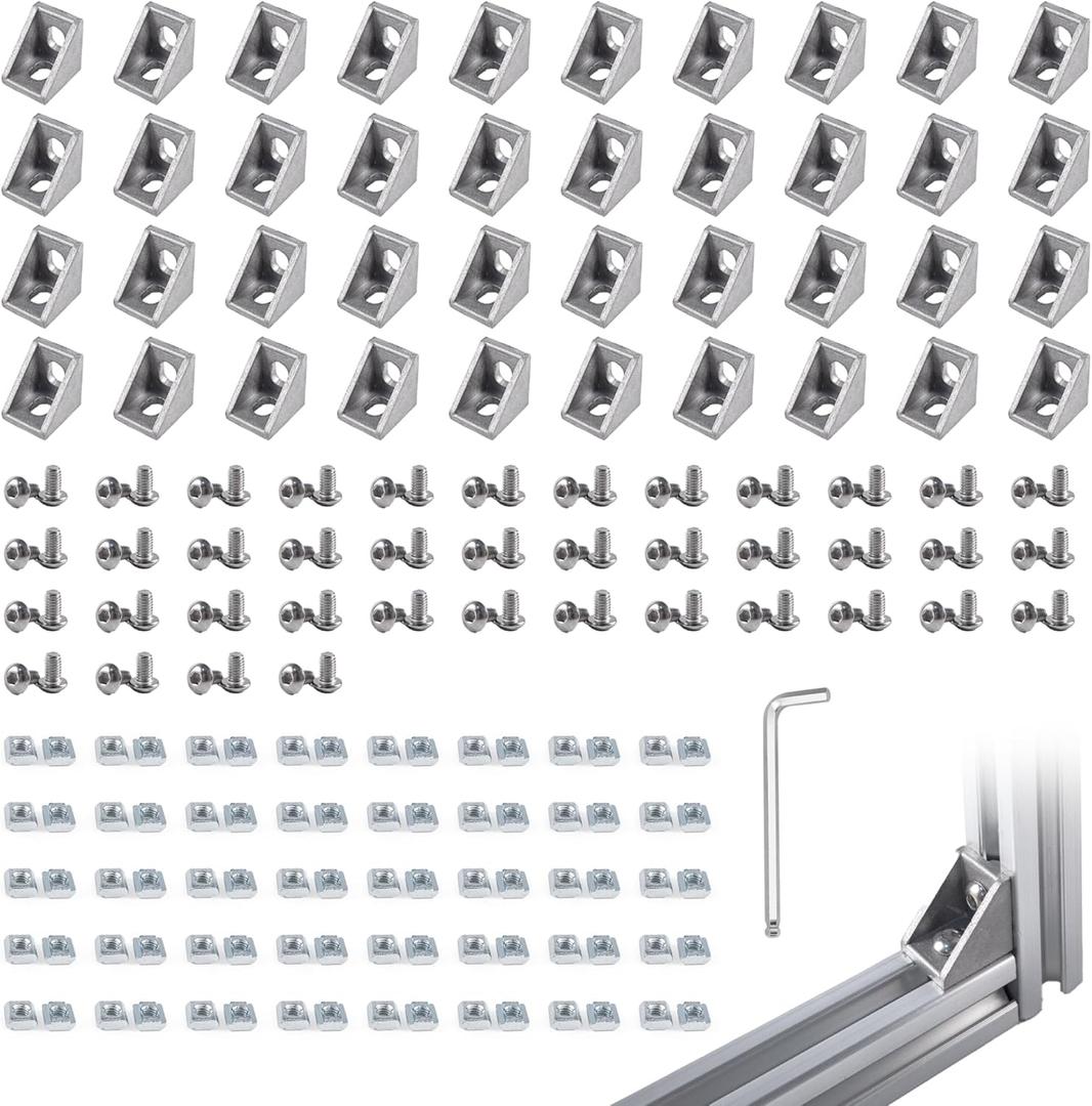 40 Sets Silver 2020 Corner Bracket Kit for 2020 & 2040 Aluminum Extrusion - 2020 Brackets, M5 Sliding T-Nuts & Hex Screws, Ball-End Hex Wrench  for 20 Series 6mm T Slot Extruded Aluminum Accessories