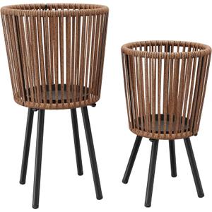 Set of 2 Rattan Plant Stand, Boho Plant Stand Indoor, Handwoven Wicker Plant Stands with Metal Frame, Mid Century Plant Holder for Living Room Bedroom Patio