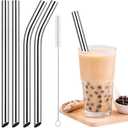 NiHome 4-Pack Stainless Steel Smoothie/Milkshake Straws, 0.5'' Extra Wide Reusable Metal Straw, Extra Long Straight & Bent Drinking Straws for Boba, Thick Beverages, Cold Drinks, 1 Brush (Silver)