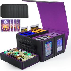 AFIING Commander Deck Box for MTG, Holds 400+ Double-Sleeved Cards, 4 Removable Deck Cases with Display Window, Dice Tray/Handle,Trading Card Storage Organizer/Dividers for TCG (Black Purple)