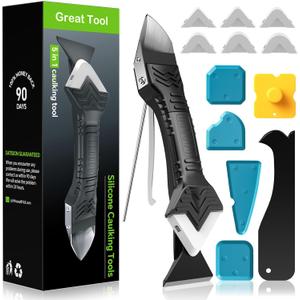 Silicone Caulking Tool, 5 in 1 Caulking Sealant Finishing Tool with Grout Scraper, 6 Exchange Silicone Pads, Adhesive Residue Scraper Seam Repair Kit for Kitchen Bathroom (White)