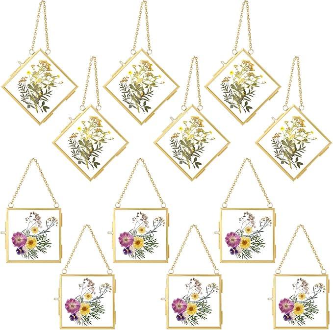 12 Pcs Hanging Clear Photo Frame Double Glass for Pressed Flower Floating Frame with Chain Display Gallery Artwork Horizontal Vertical Gold Metal Rectangle Wall Decor(3 x 3 Inch)