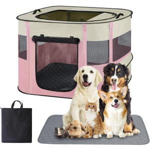 Pet Dog Cat Playpen with Waterproof Pad,Portable Puppy Kitten Rabbit Crate and Other Small Animals Kennel Cage Tent for Indoor Outdoor Travel Camping,Water-Resistant Breathable Shade Cover (Pink S)