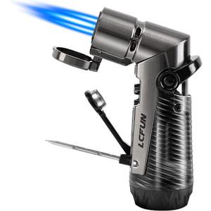 LcFun Torch Lighter Windproof Refillable Triple Jet Flame Butane Lighter with Punch and Draw Enhancer, Camping Hunting Gear Gifts for Men -BUTANE NOT INCLUDED