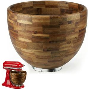 5 Qt Solid Wood Mixing Bowl Compatible with KitchenAid Tilt-Head Stand Mixer, Handcrafted Natural Wooden Bowl for 4.5-5 Qt K45SS KSM75 KSM150, Ideal for Bread Dough & Salads (Light Brown)
