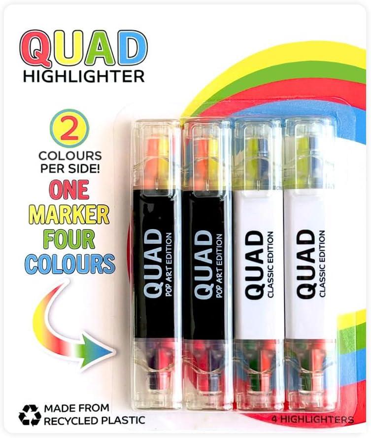 Pikk-it Quad Highlighter - 4 Colours (2 Per Side), Chisel Tip - No Bleed & Quick Dry - Pack of 4