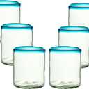 Aqua Blue Rim Hand Blown Tumbler Glasses - 100% Recycled Mexican Glassware - Artisan Crafted Drinking Glasses for Cocktails, Wine, Tequila, or Water - Set of 6 (10 oz)