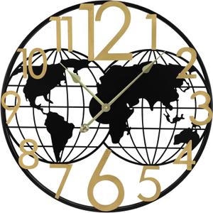 Large World Map Wall Clock, 24 Inch Metal Modern Wall Clock, Golden Big Numerals Battery Operated Vintage Industrial Farmhouse Wall Clocks for Living Room Bedroom Kitchen Home Decor
