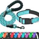 Reflective Dog Collar Padded with Soft Neoprene Breathable Adjustable Nylon Dog Collars for Small Medium Large Dogs (Collar+Leash L Neck 19"-23.5", Blue)