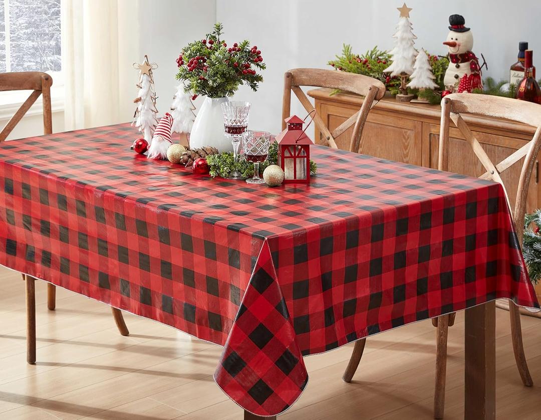Newbridge Holiday Buffalo Plaid Vinyl Christmas Tablecloth with Flannel Backing, Red & Black Rustic Cottage Check, Wipe Clean, 60 x 120 Inch Rectangle