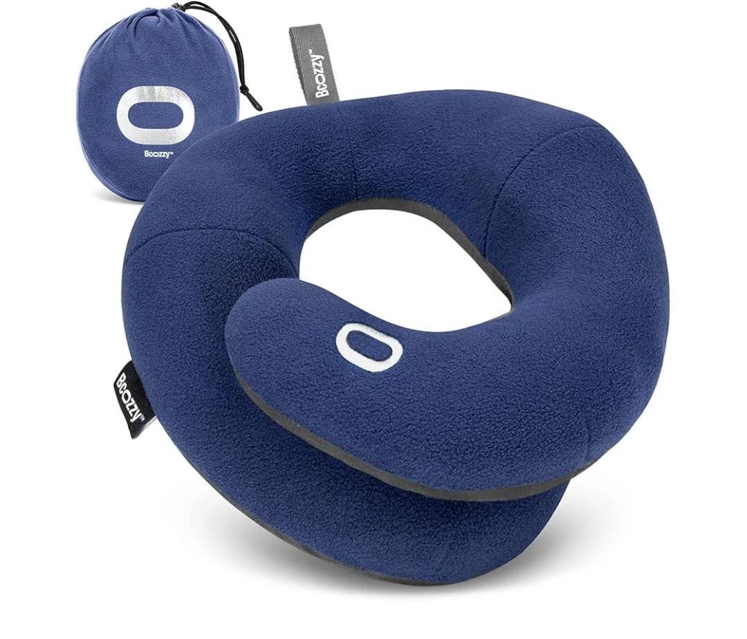 BCOZZY Travel Neck Pillow for Airplane – Patented Double Support for Head, Neck, and Chin. Best for Long Flights, Plane Sleeping, and Car Rides. Adjustable Size. Fully Washable. Carry Bag. Large, Navy